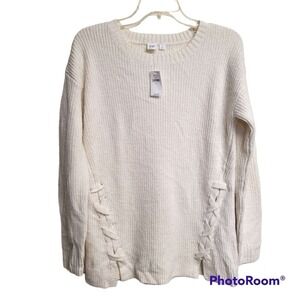 Gap Cream Ribbed Knit Lace Up Side Detail Crewneck Tunic Sweater Women's‎ Size S